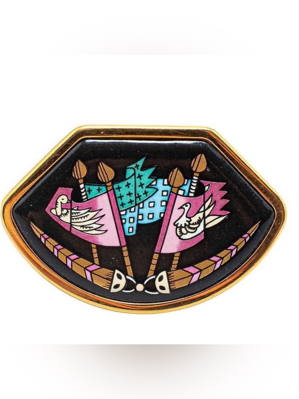 Hermès Gold-Tone Enamel Octagonal Brooch VINTAGE RARE!!